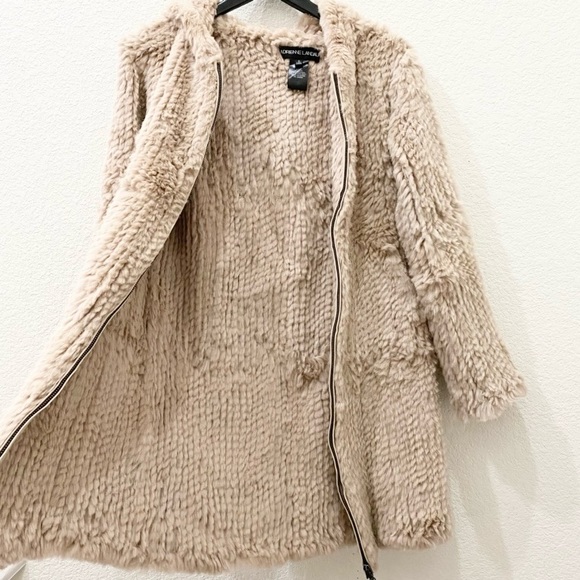 ADRIENNE LANDAU Real Rabbit Fur Beige Mid-length Full Zip Hooded Coat Size S - Picture 9 of 16